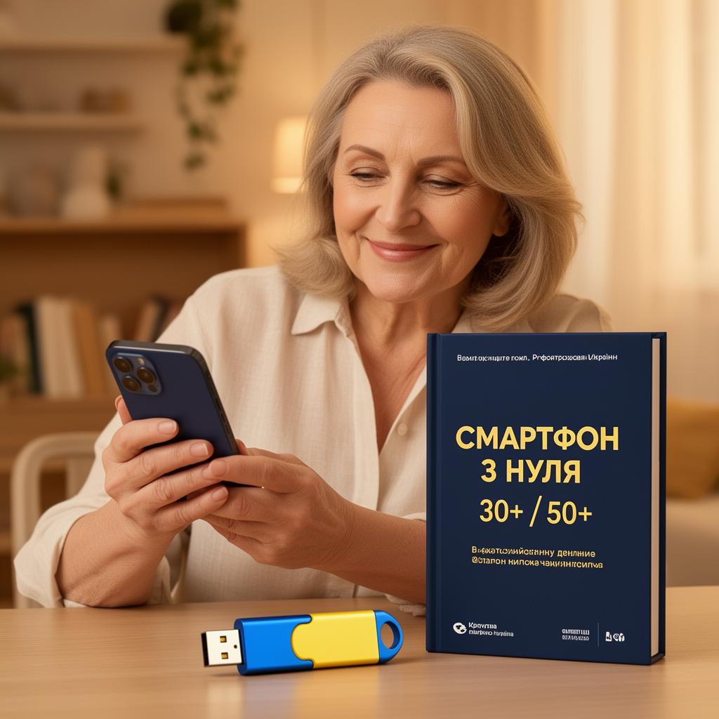 Жінка впевнено користується смартфоном поруч із навчальною флешкою
